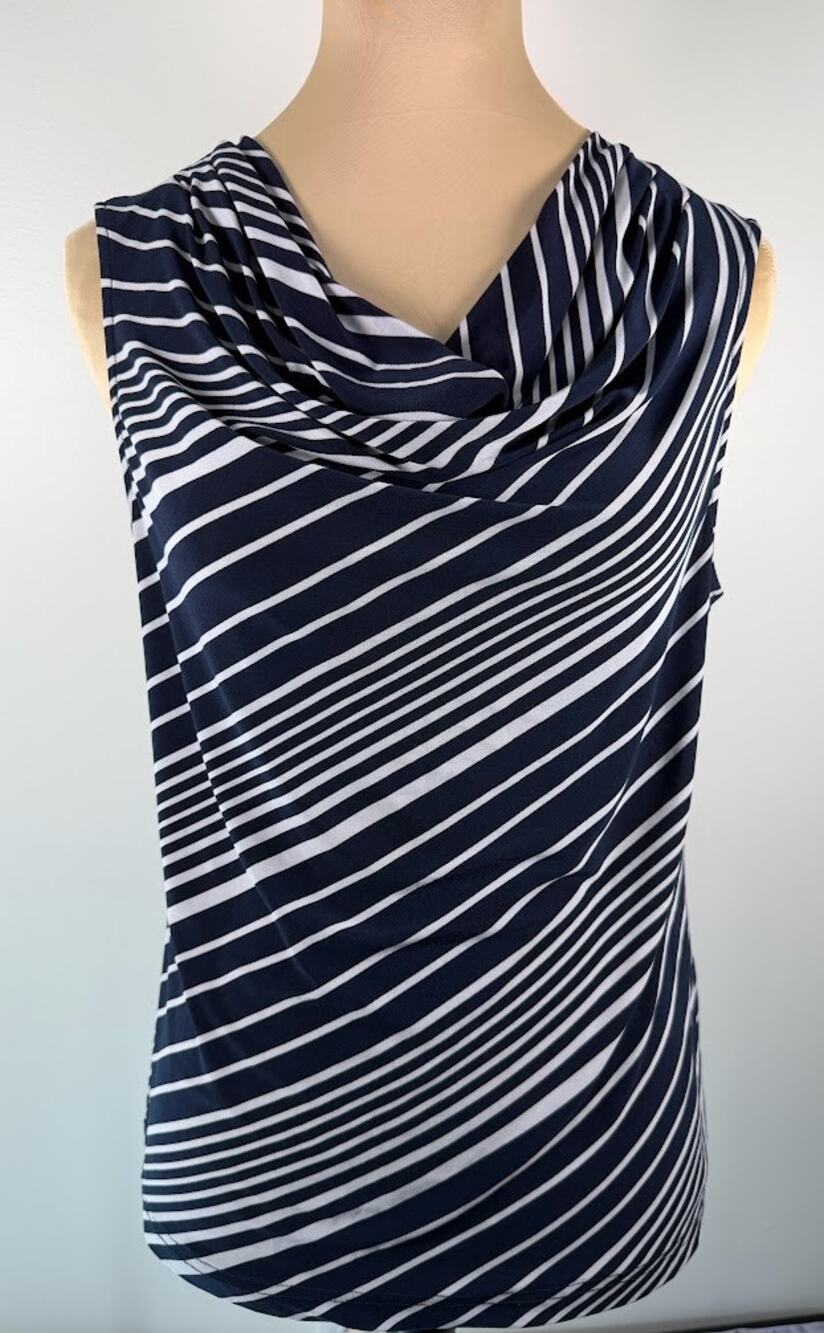 Chaps Womens Sleeveless Cowl Neck Top L Navy Blue White Diagonal Stripe Stretch